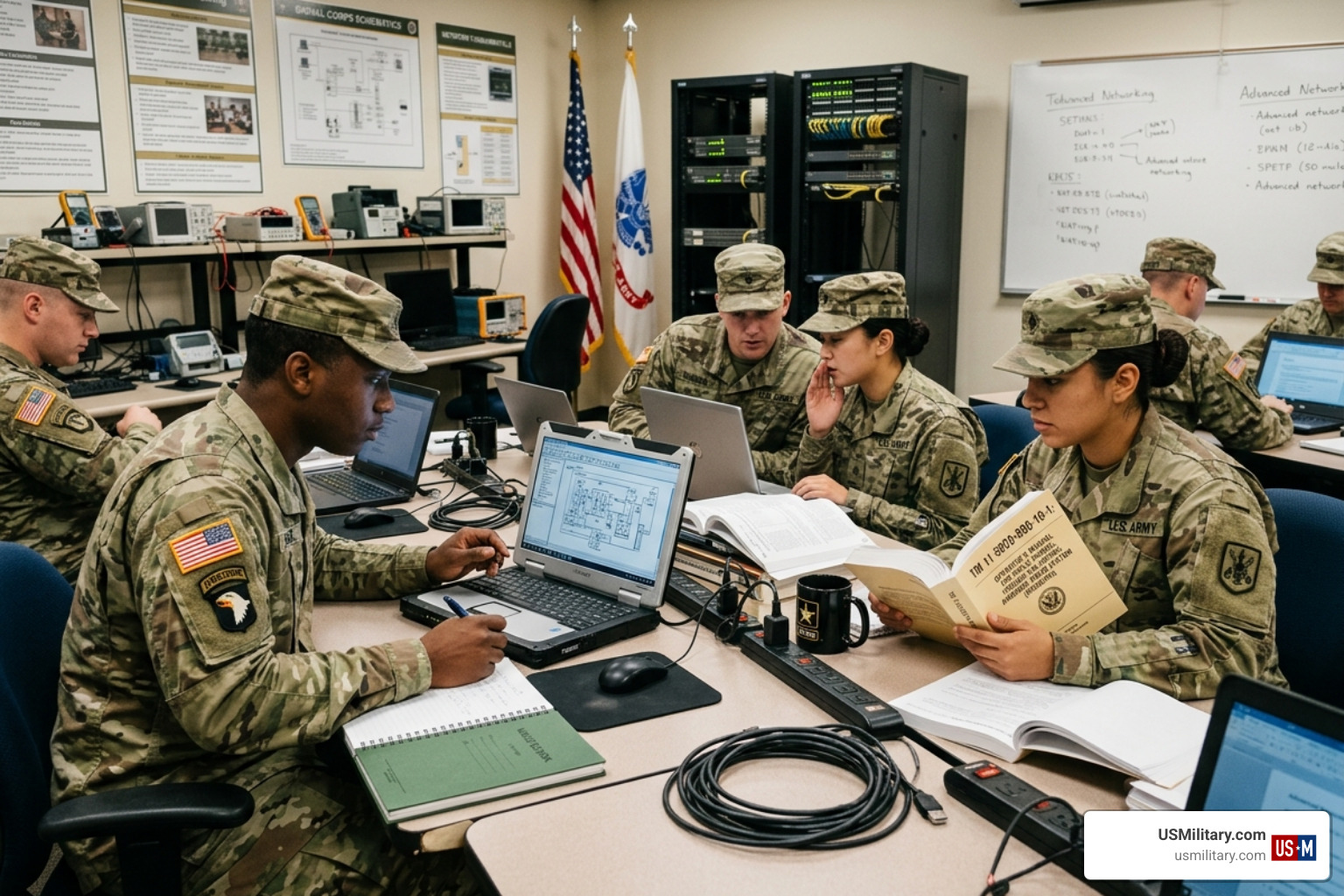 Soldiers in a technical classroom environment studying for advanced MOS certifications - army mos list