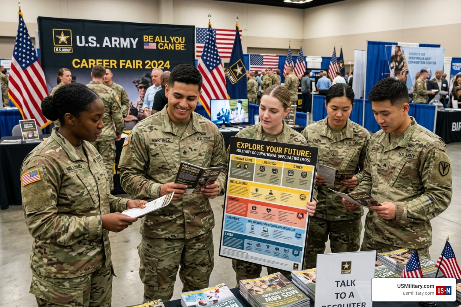 U.S. Army recruits at a career fair reviewing Military Occupational Specialty options - army mos list
