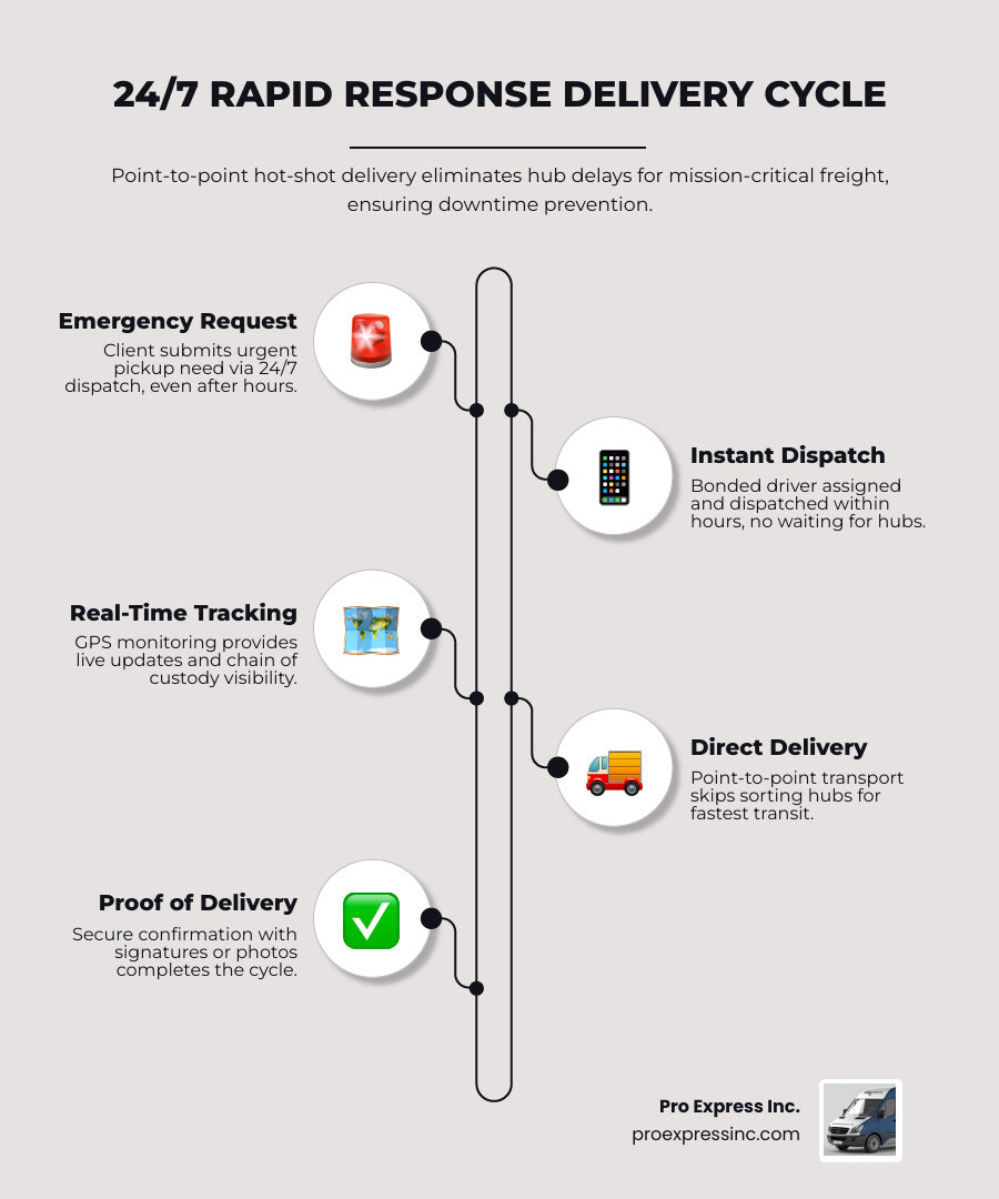 Infographic showing the 24/7 rapid response delivery cycle from dispatch to proof of delivery - 24 7 courier services near