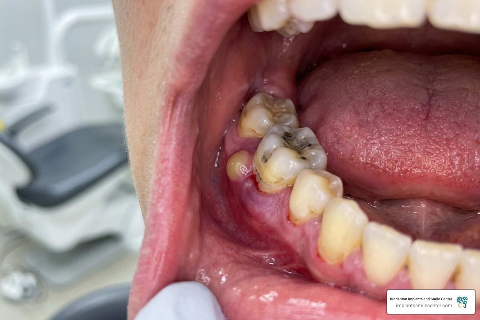 Illustration of common signs of oral infection: swollen gums, tooth discoloration, and a gum boil - abscessed tooth Illustration of common signs of oral infection: swollen gums, tooth discoloration, and a gum boil - abscessed tooth