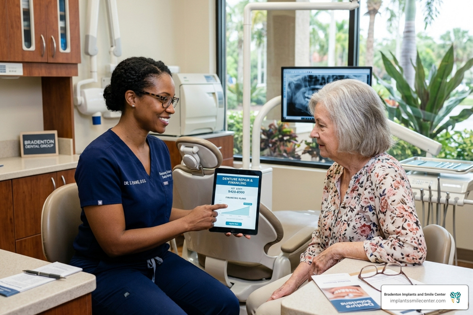 A Bradenton dental consultation discussing denture repair costs and financing - denture repair Bradenton