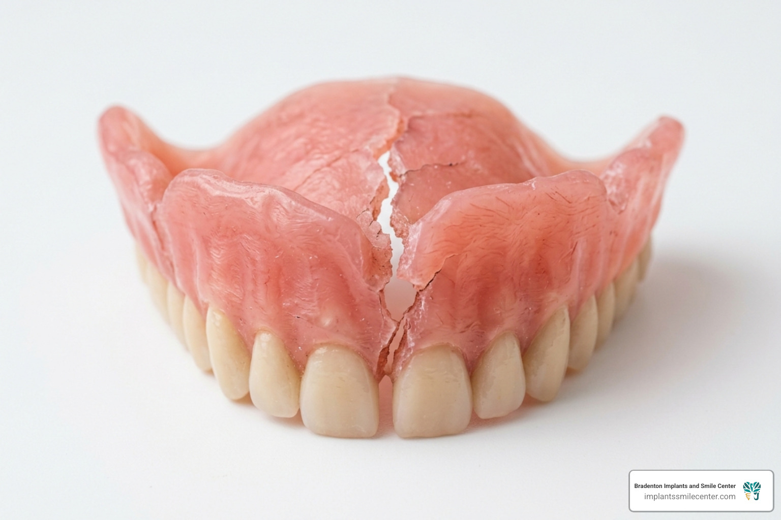 Close-up of a cracked acrylic denture base needing repair - denture repair Bradenton