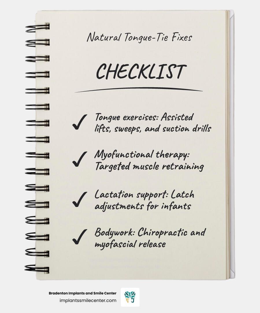 Natural tongue-tie remedies by method and age group infographic - how to fix tongue-tie naturally infographic