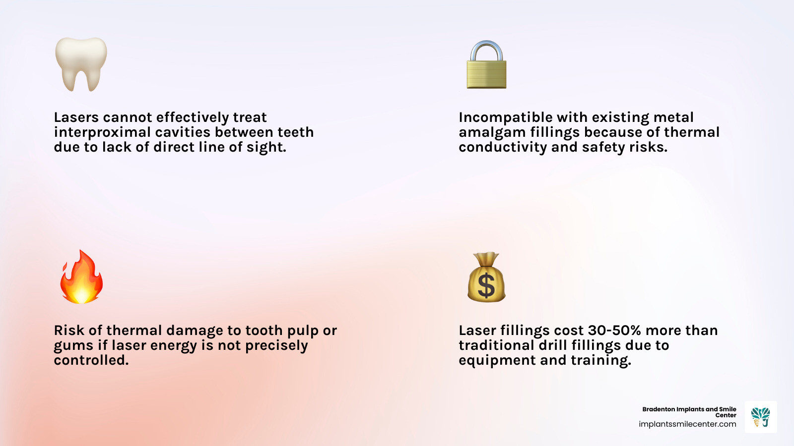 Infographic comparing laser filling disadvantages vs traditional dental fillings: cost, suitability, risks - laser filling Infographic comparing laser filling disadvantages vs traditional dental fillings: cost, suitability, risks - laser filling