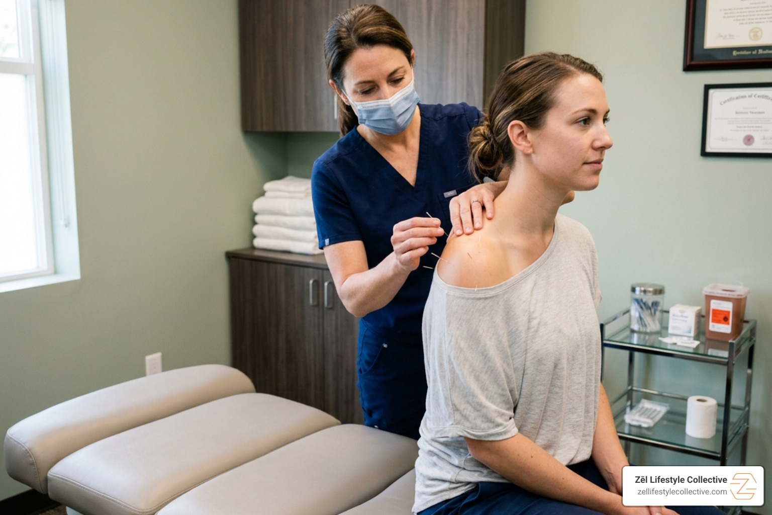 Patient receiving acupuncture in the shoulder area - acupuncture shoulder pain Patient receiving acupuncture in the shoulder area - acupuncture shoulder pain