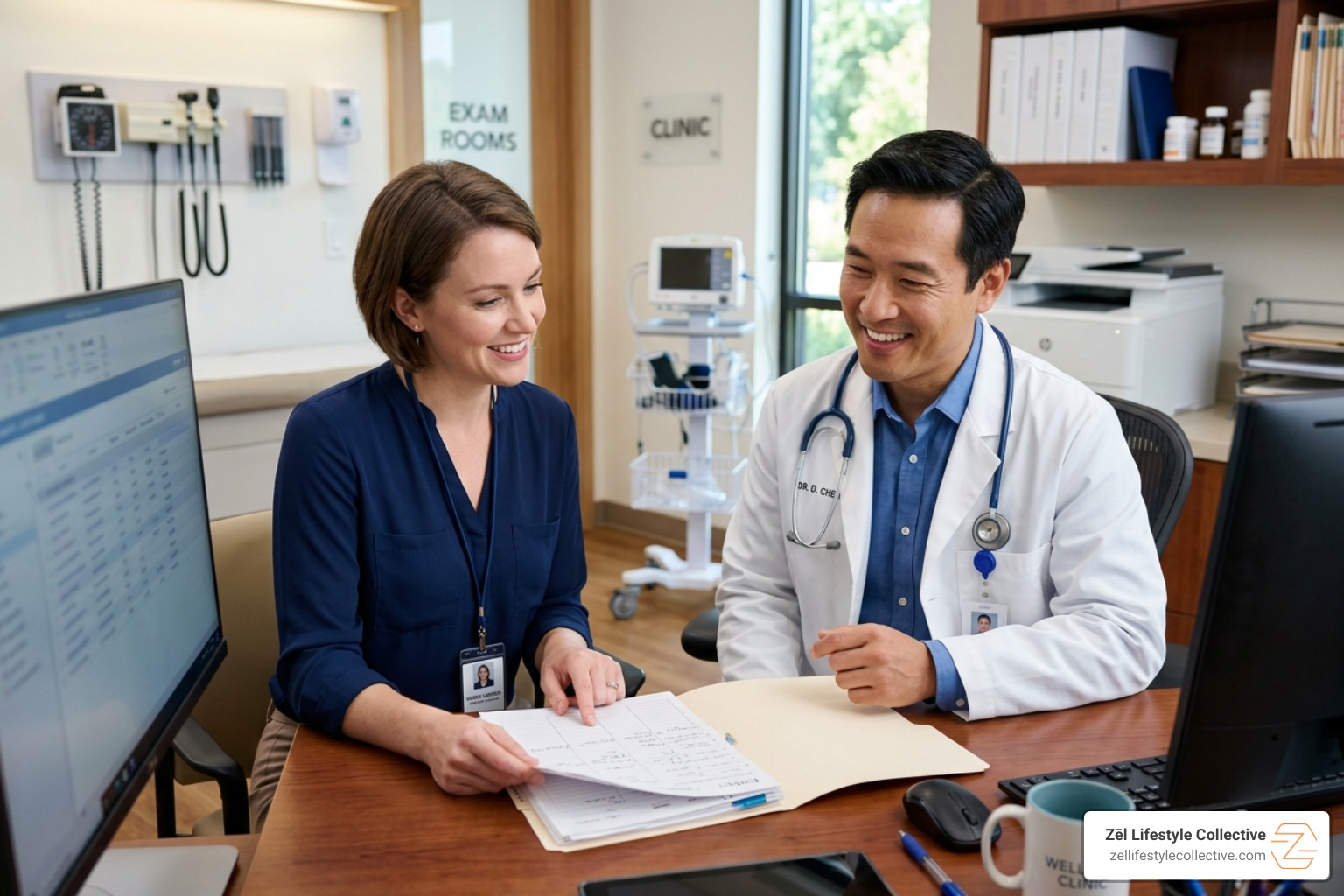 A health coach collaborating with a doctor in a clinical setting - integrative nutrition health coaching A health coach collaborating with a doctor in a clinical setting - integrative nutrition health coaching