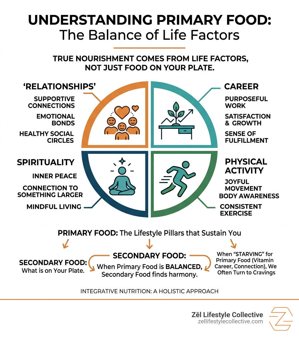 Infographic explaining the Primary Food concept showing the balance of life factors - integrative nutrition health coaching Infographic explaining the Primary Food concept showing the balance of life factors - integrative nutrition health coaching