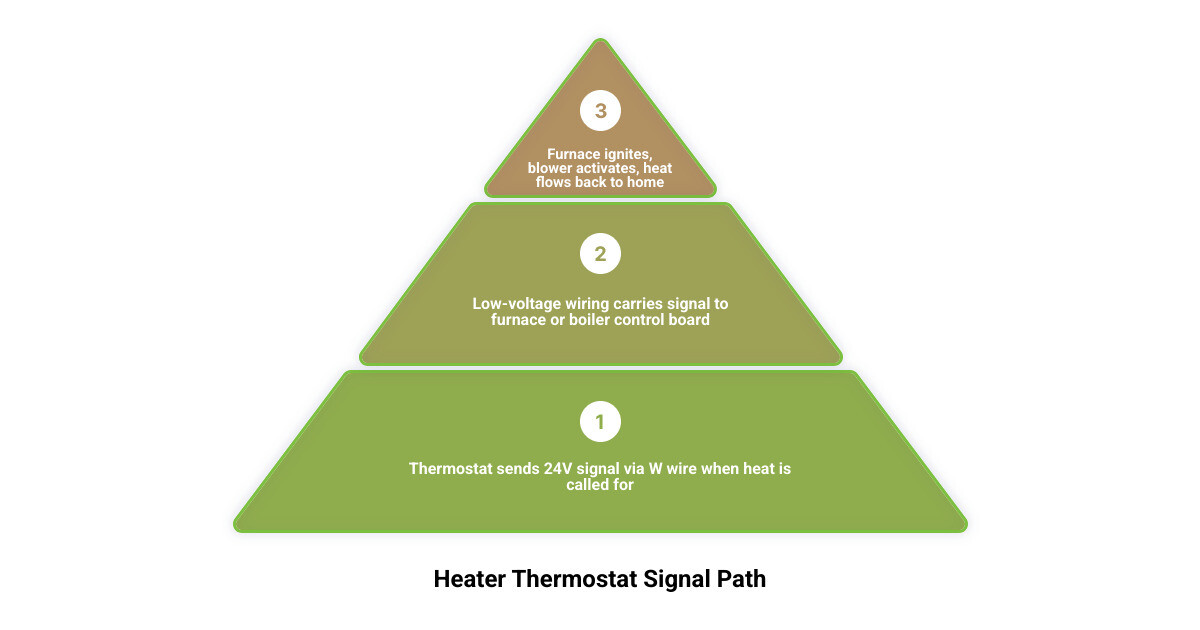 Infographic showing the signal path from thermostat to furnace or boiler, with common failure points - heater thermostat not Infographic showing the signal path from thermostat to furnace or boiler, with common failure points - heater thermostat not