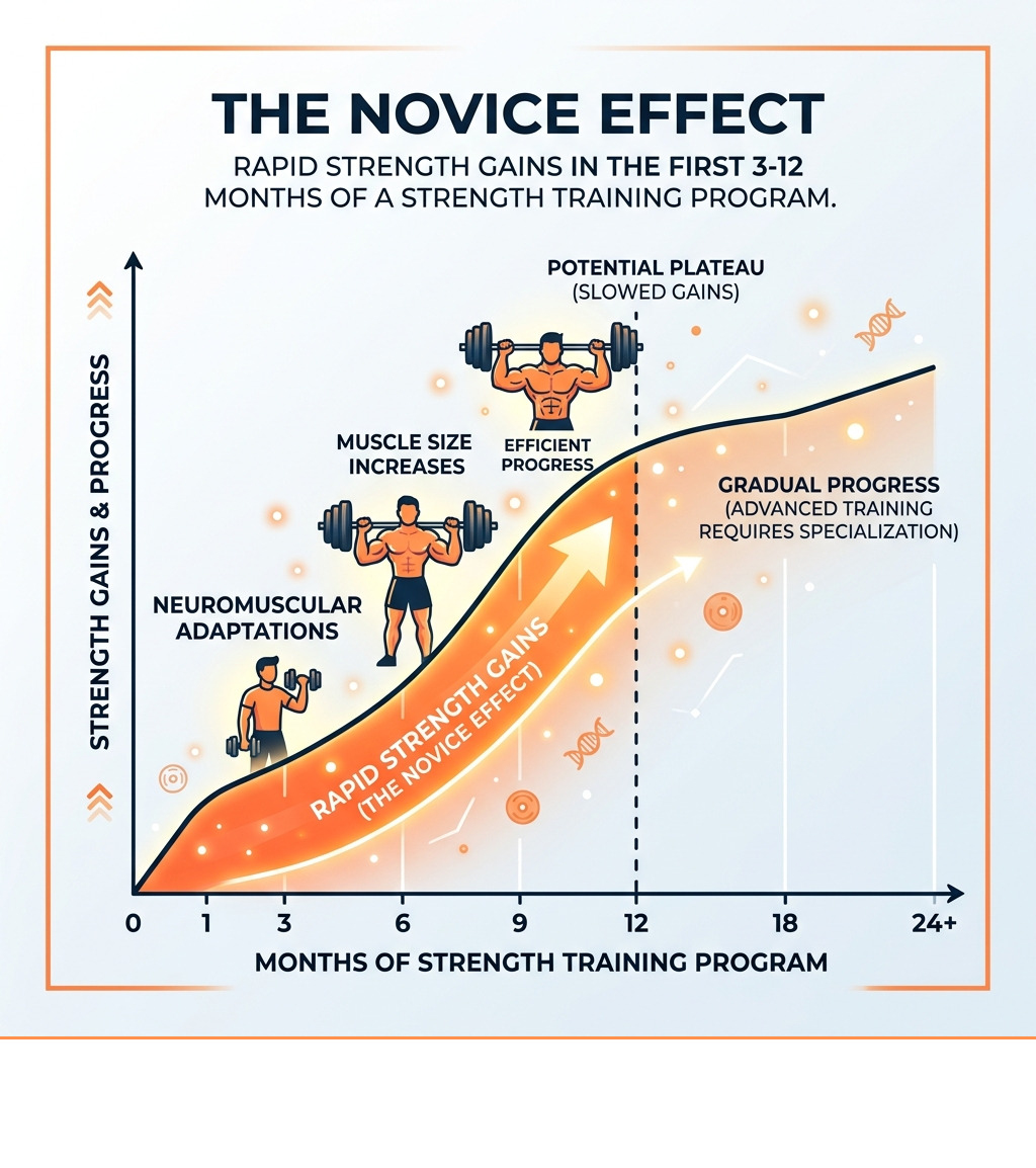 Infographic showing the Novice Effect: rapid strength gains in first 3-12 months of a strength training program - strength