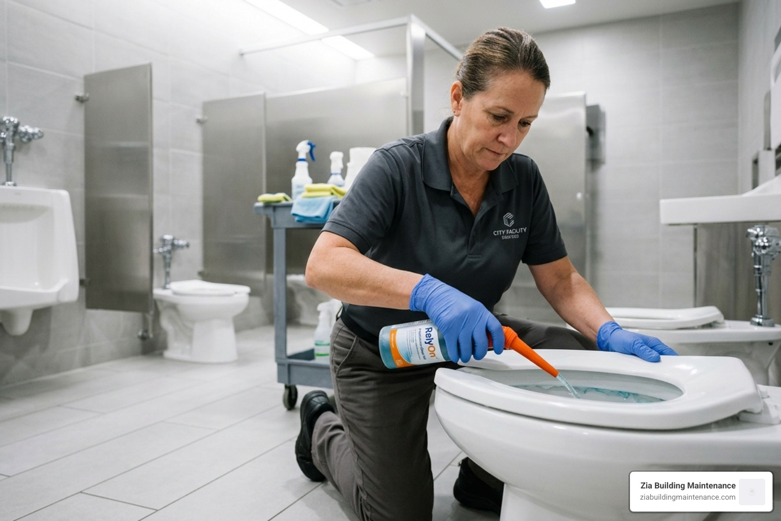 janitorial professional applying professional-grade gel under a toilet rim with an angled nozzle - professional toilet janitorial professional applying professional-grade gel under a toilet rim with an angled nozzle - professional toilet