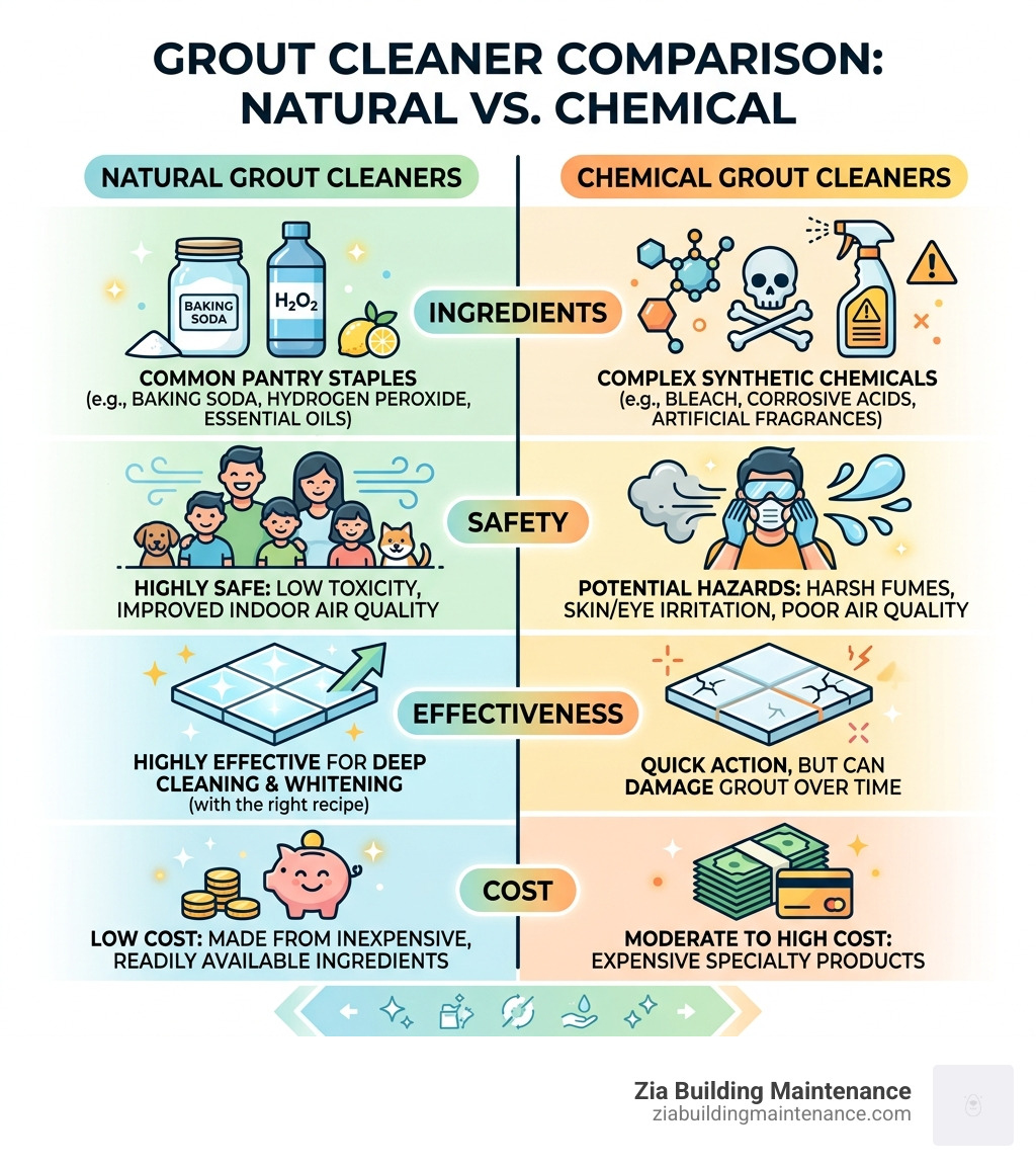 Infographic comparing natural vs chemical grout cleaners: safety, cost, effectiveness, and ingredients - natural tile and Infographic comparing natural vs chemical grout cleaners: safety, cost, effectiveness, and ingredients - natural tile and