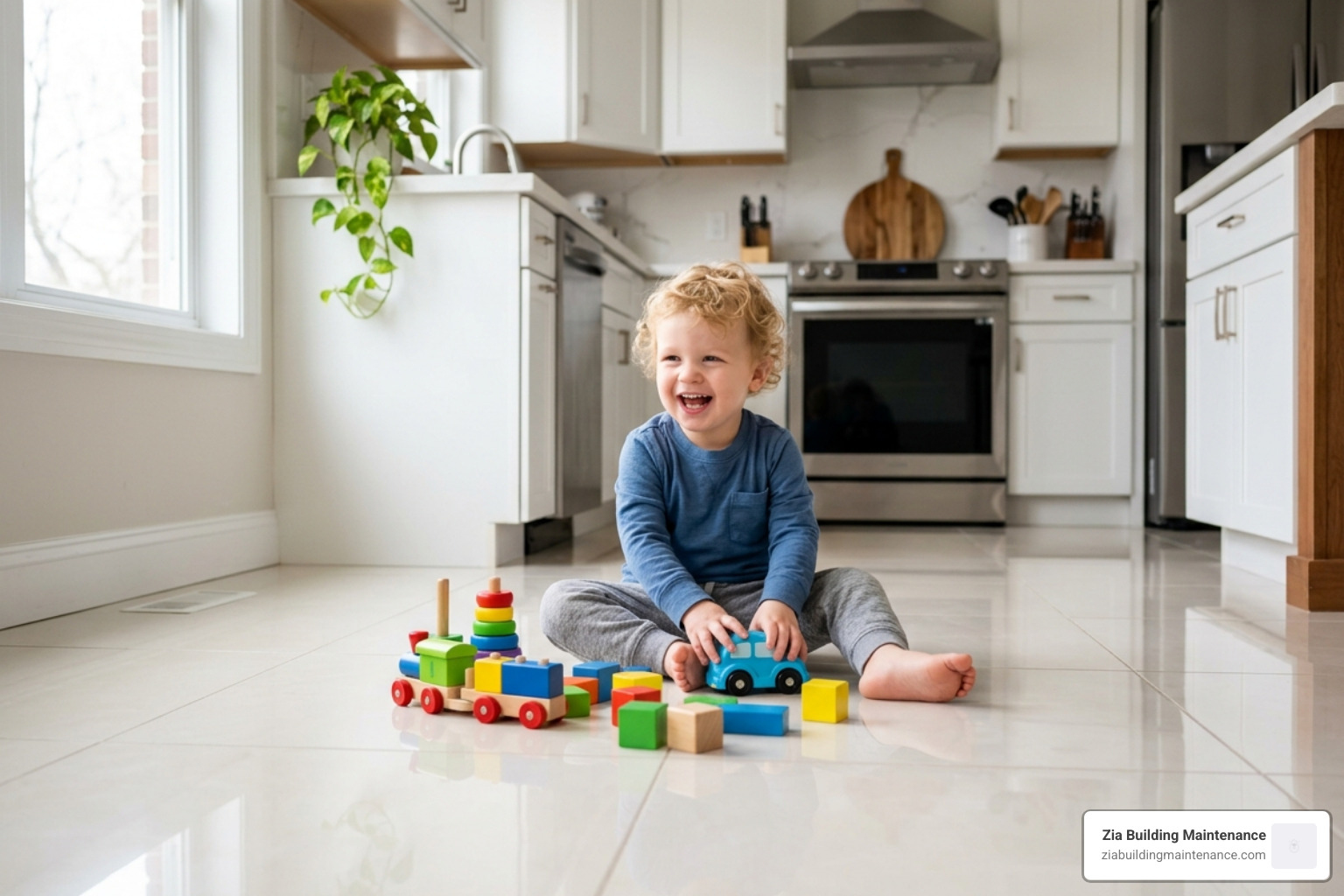 Child playing on a clean, safe tile floor - natural tile and grout cleaner Child playing on a clean, safe tile floor - natural tile and grout cleaner