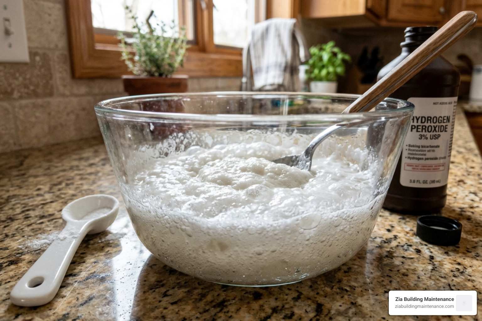 Mixing baking soda and hydrogen peroxide in a glass bowl - natural tile and grout cleaner Mixing baking soda and hydrogen peroxide in a glass bowl - natural tile and grout cleaner