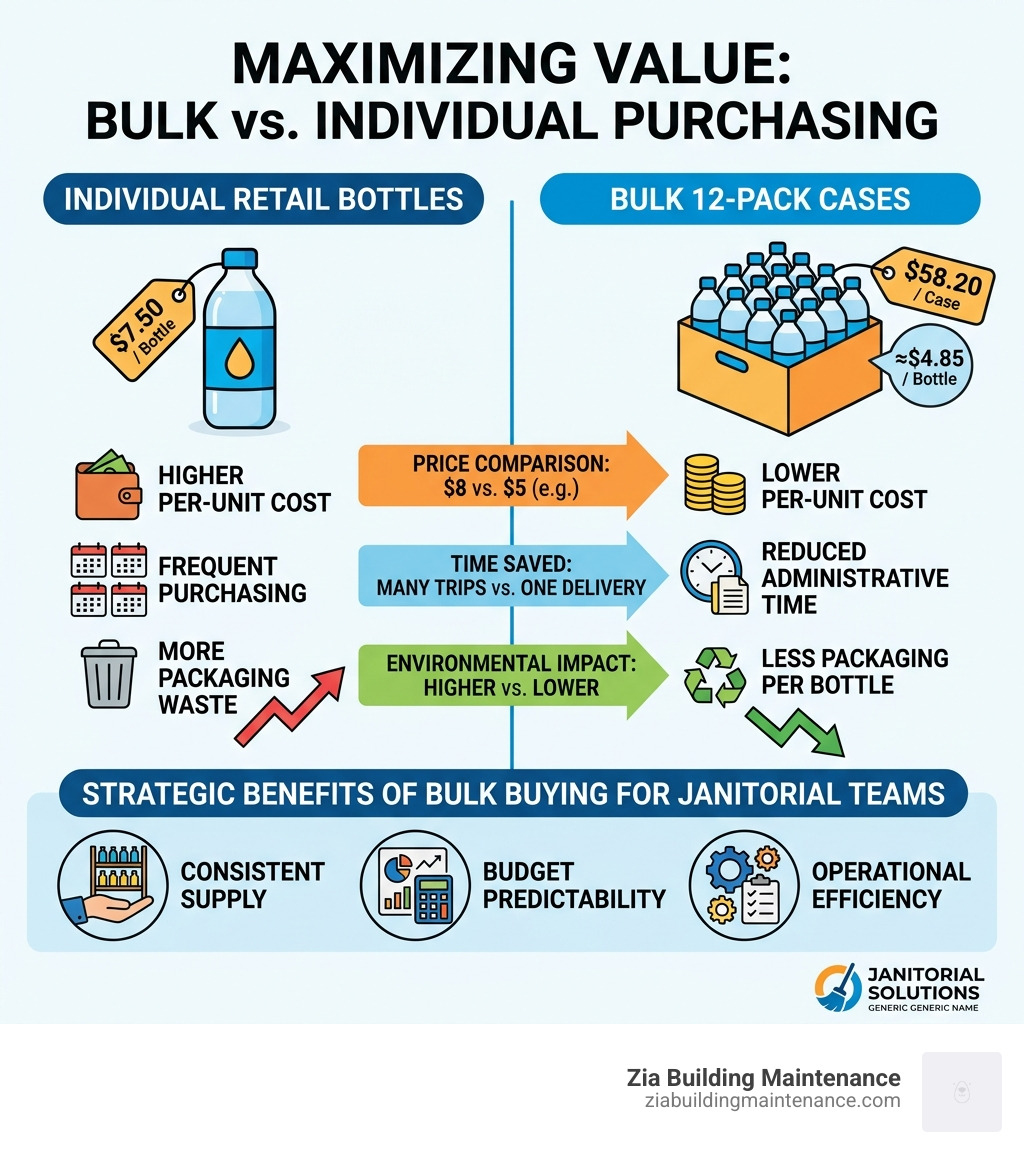 infographic showing cost savings of bulk purchasing 12-pack cases versus individual retail bottles - professional toilet infographic showing cost savings of bulk purchasing 12-pack cases versus individual retail bottles - professional toilet