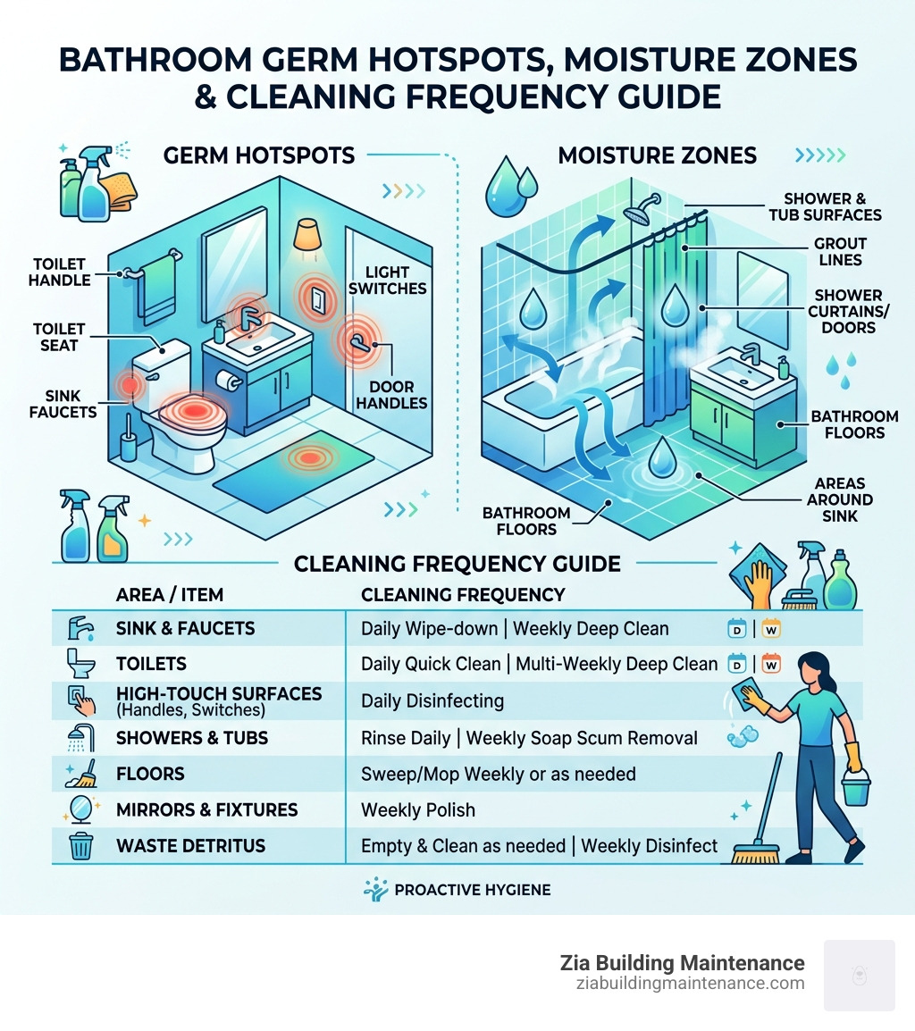 infographic showing bathroom germ hotspots and moisture zones with cleaning frequency guide - bathroom cleaning service infographic showing bathroom germ hotspots and moisture zones with cleaning frequency guide - bathroom cleaning service