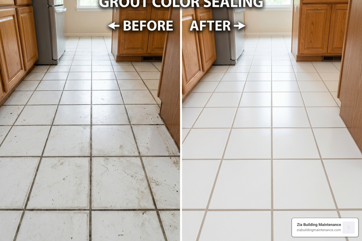 Before and after comparison of grout color sealing on a kitchen floor - tile cleaning services Before and after comparison of grout color sealing on a kitchen floor - tile cleaning services