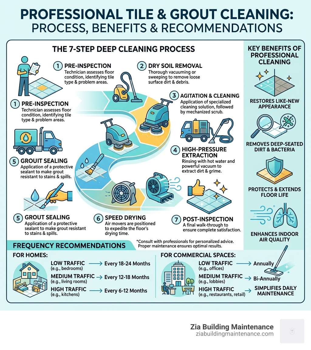 Infographic showing 7-step professional tile cleaning process with benefits and frequency recommendations - tile cleaning Infographic showing 7-step professional tile cleaning process with benefits and frequency recommendations - tile cleaning