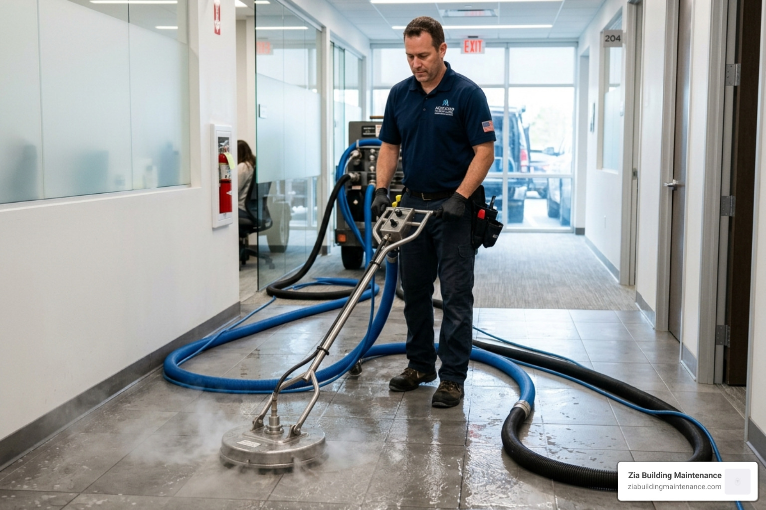 Professional technician using truck-mounted hot water extraction equipment on commercial tile - tile cleaning services Professional technician using truck-mounted hot water extraction equipment on commercial tile - tile cleaning services