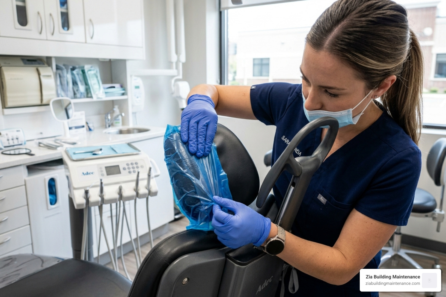 Applying blue barrier film to dental chair headrest - dental chair clean Applying blue barrier film to dental chair headrest - dental chair clean