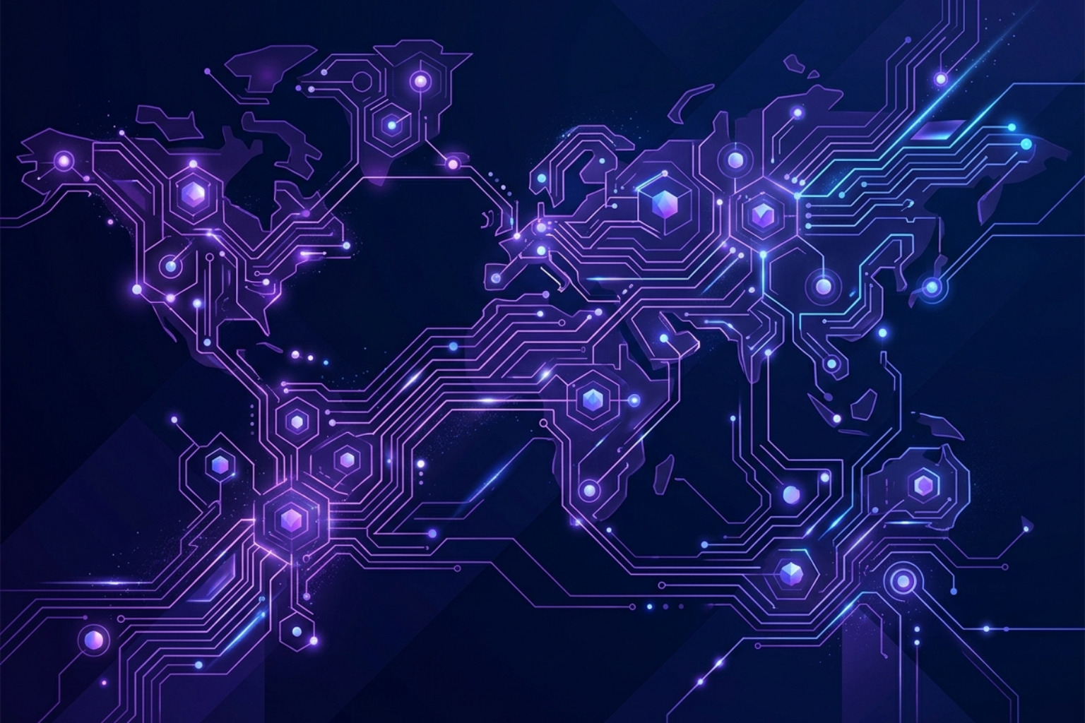 abstract representation of a composable martech architecture with interconnected violet circuits - ai in martech