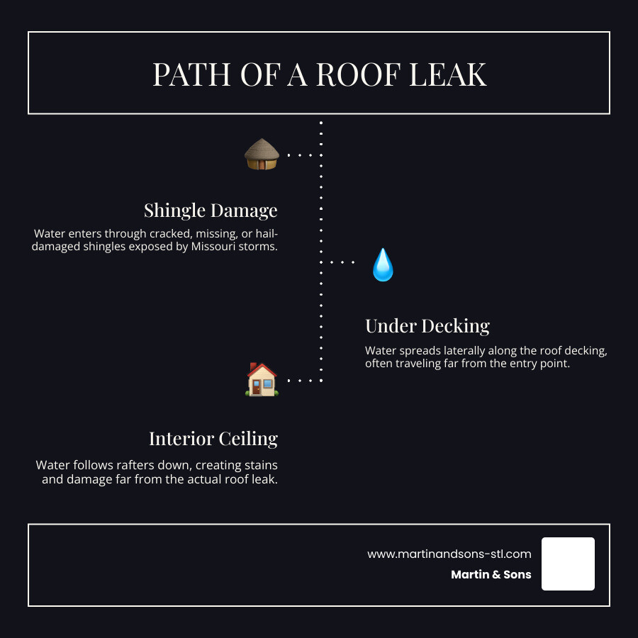 Infographic showing path of a roof leak from damaged shingles through decking and rafters to interior ceiling stain Infographic showing path of a roof leak from damaged shingles through decking and rafters to interior ceiling stain