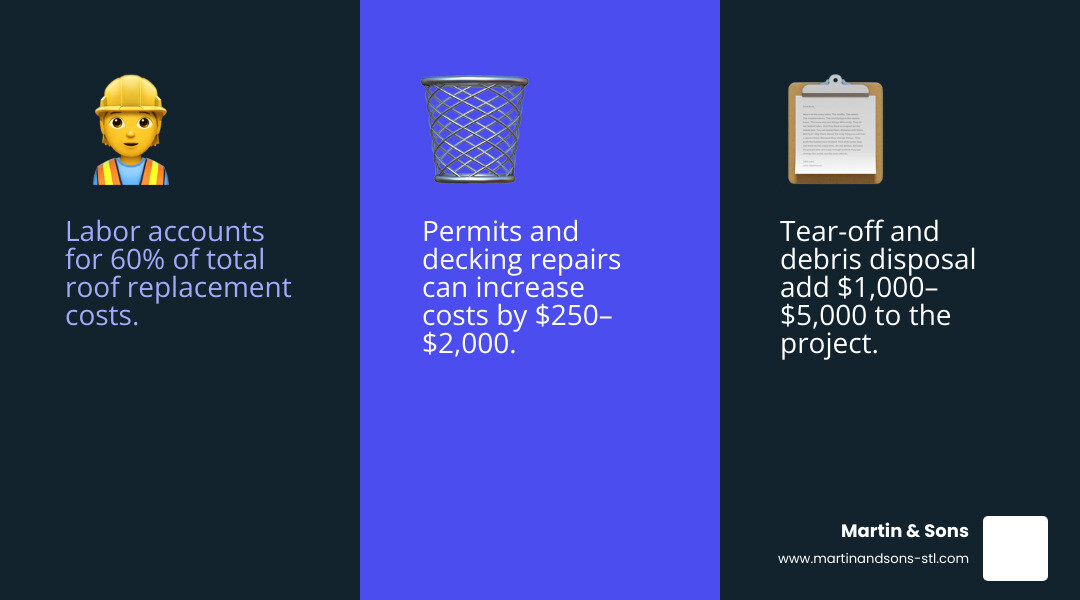 Infographic showing breakdown of roof shingle replacement costs including labor 60%, materials, tear-off, permits, and Infographic showing breakdown of roof shingle replacement costs including labor 60%, materials, tear-off, permits, and