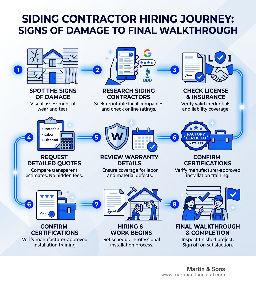 Step-by-step infographic of the siding contractor hiring journey from signs of damage to final walkthrough - siding Step-by-step infographic of the siding contractor hiring journey from signs of damage to final walkthrough - siding