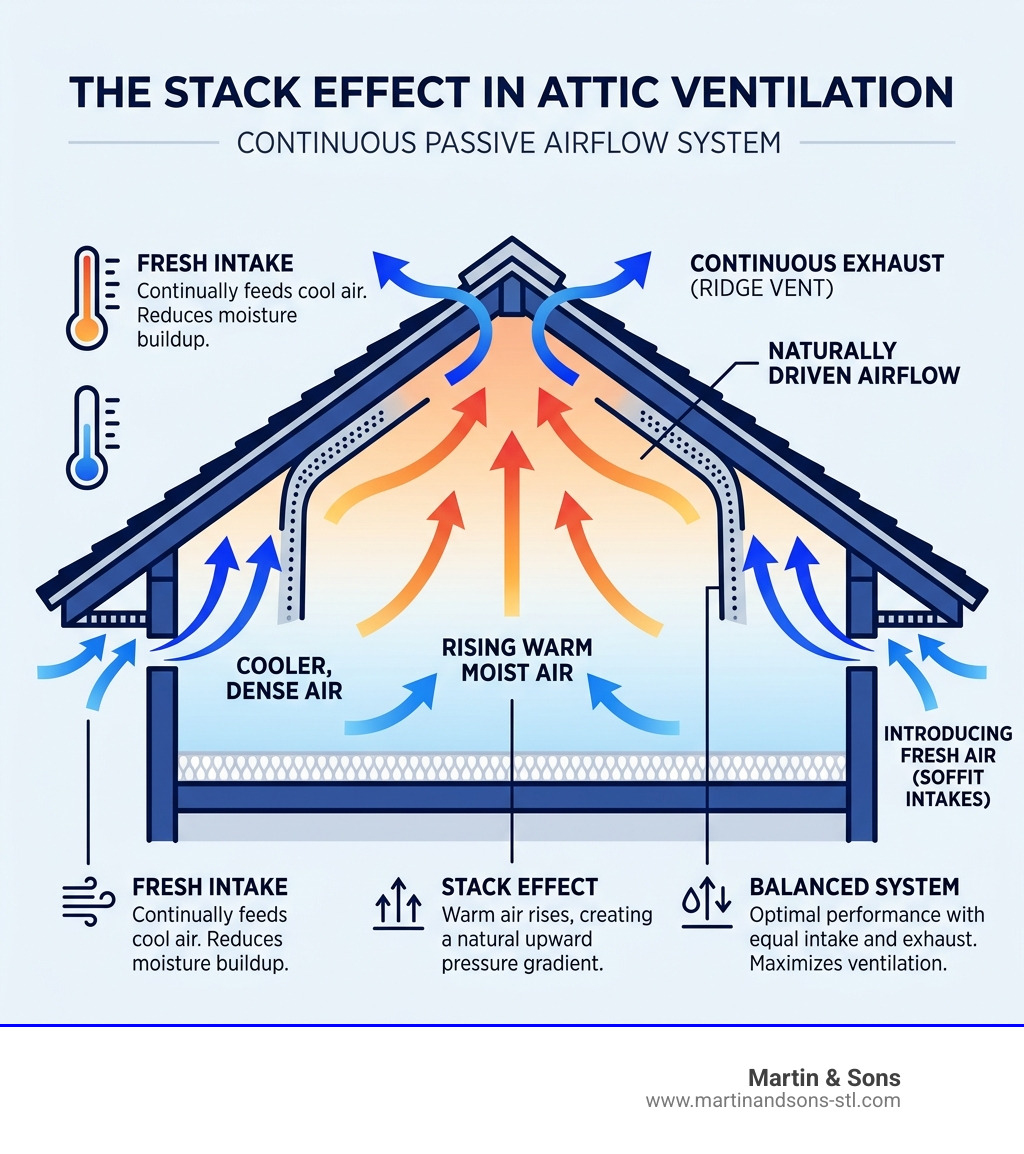 Infographic showing the stack effect in attic ventilation with intake at soffit and exhaust at ridge - best type of roof Infographic showing the stack effect in attic ventilation with intake at soffit and exhaust at ridge - best type of roof