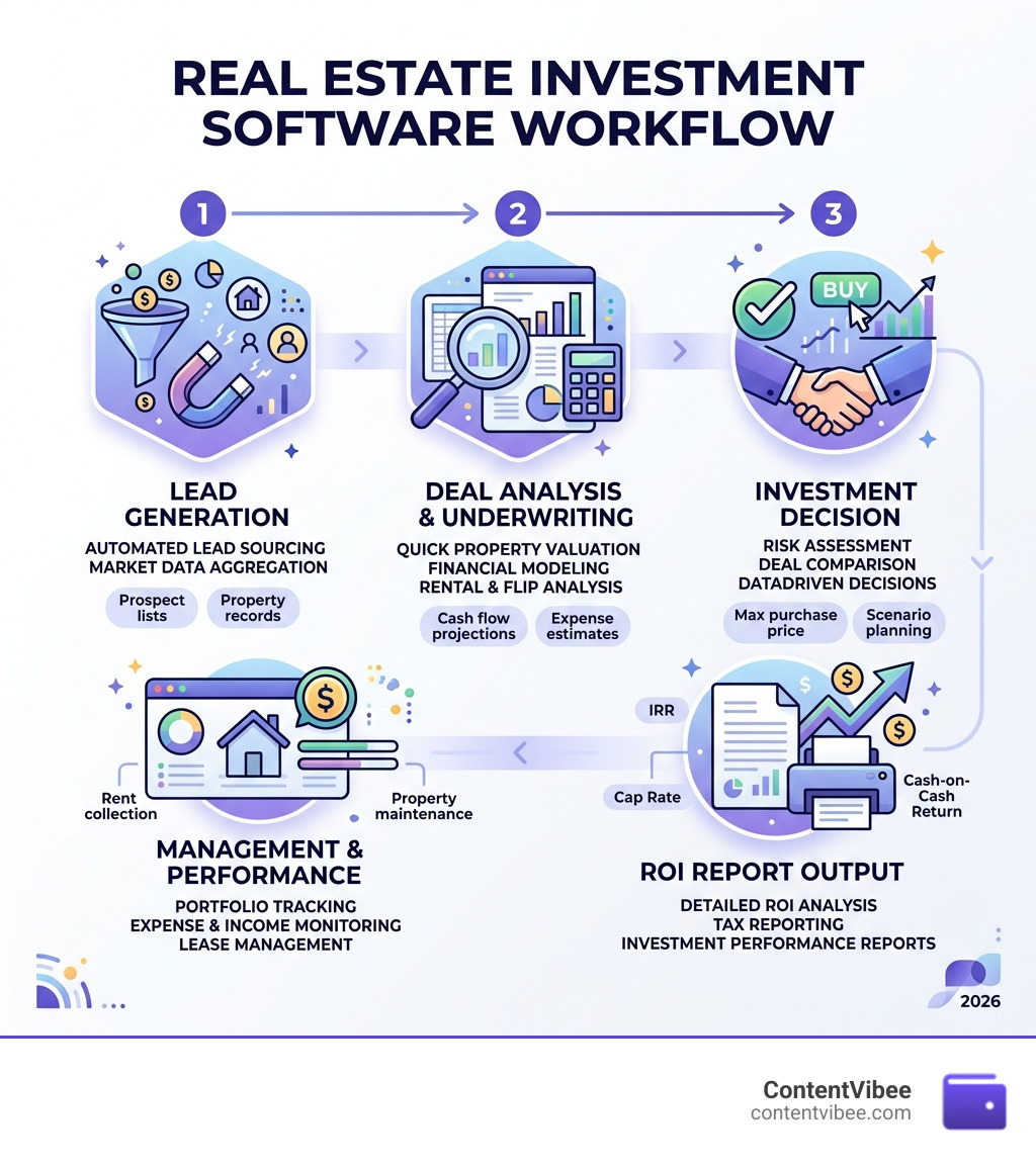 Real estate investment software workflow from lead generation to ROI report output - Real Estate Investment Software Pricing