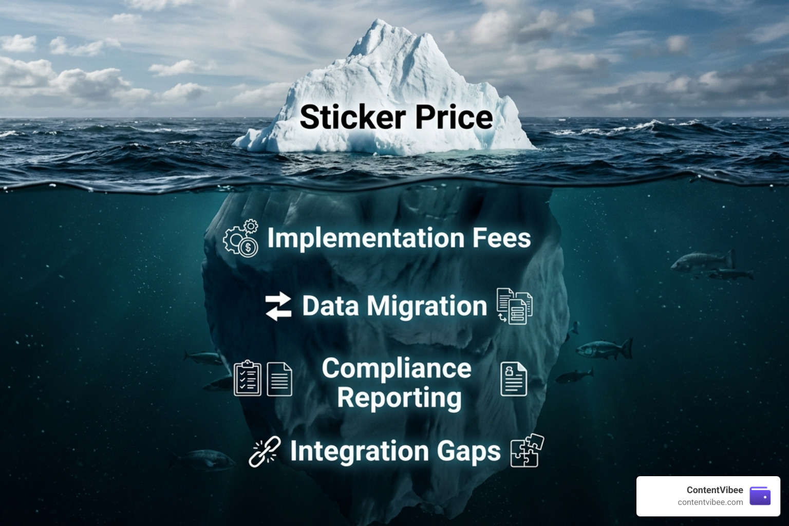 The hidden cost iceberg showing implementation and data migration costs below the surface - Investment Manager Software Fees
