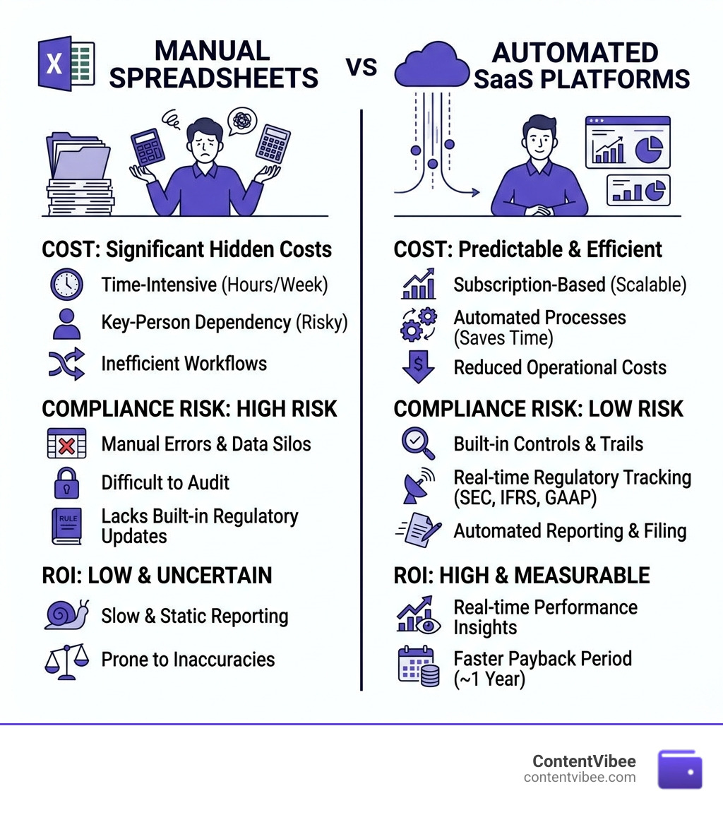 Infographic comparing manual spreadsheet investment tracking vs. automated SaaS platforms: cost, compliance risk, and ROI