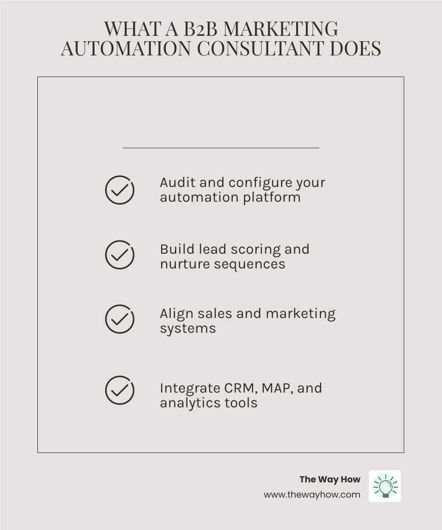 B2B marketing automation consulting process from audit to revenue attribution infographic - b2b marketing automation