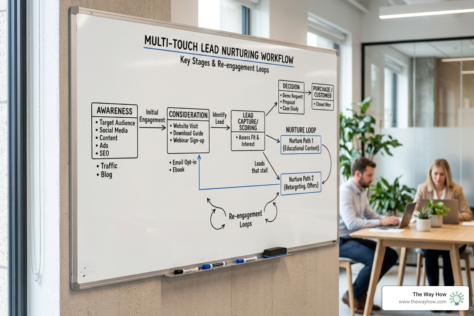 Multi-touch lead nurturing workflow diagram - b2b marketing automation consultant