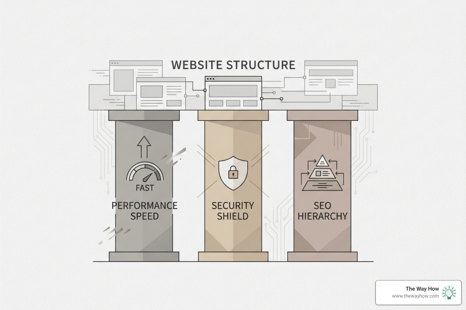 abstract representation of website structural pillars representing performance security and seo - site audit check