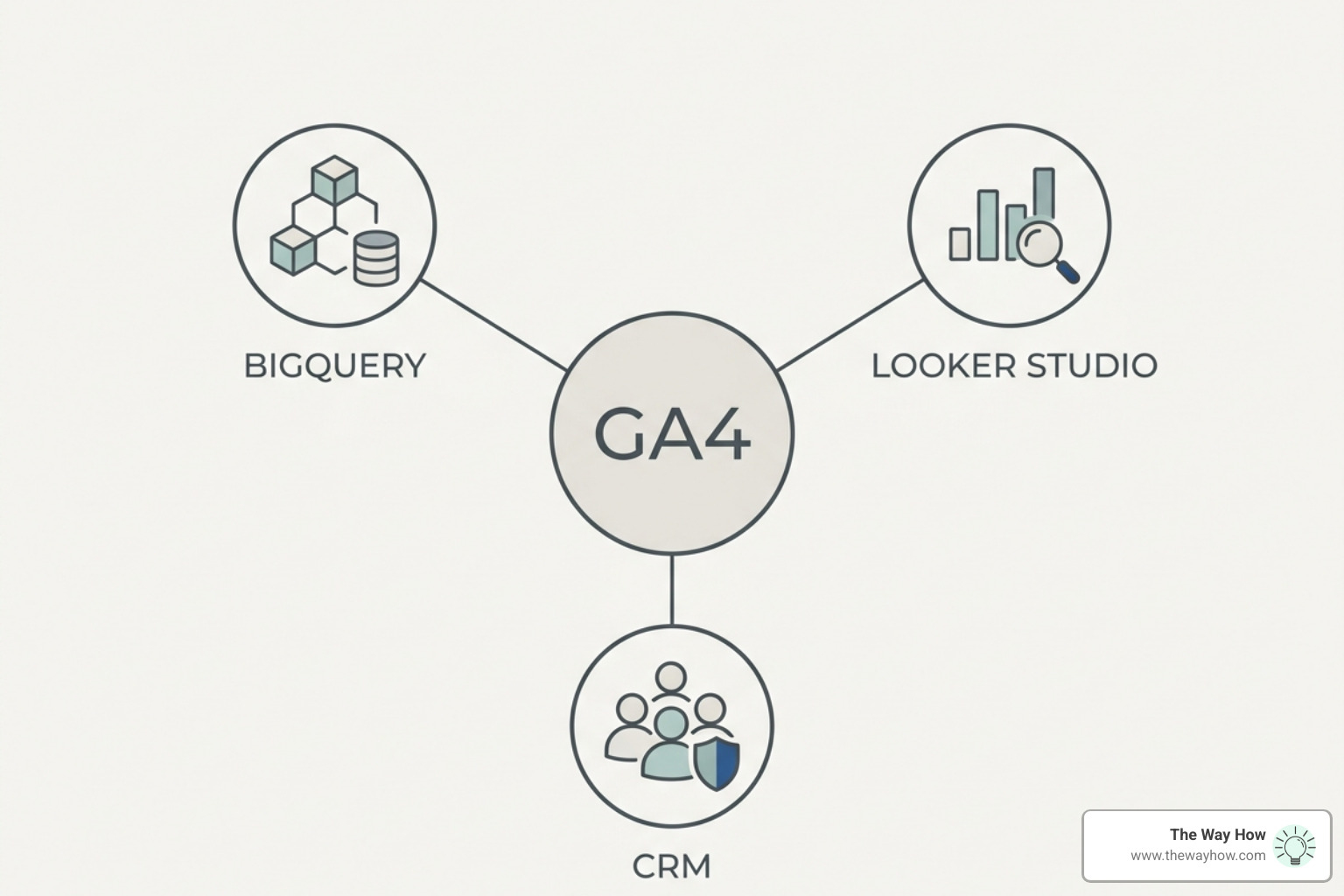 A diagram showing GA4 at the center of a data ecosystem, connected to BigQuery, Looker Studio, and a CRM - google analytics
