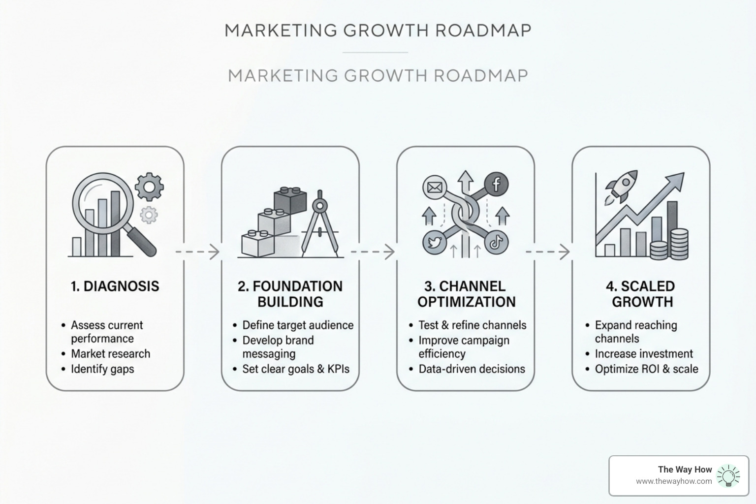 A marketing growth roadmap showing stages: Diagnosis, Foundation Building, Channel Optimization, and Scaled Growth - digital