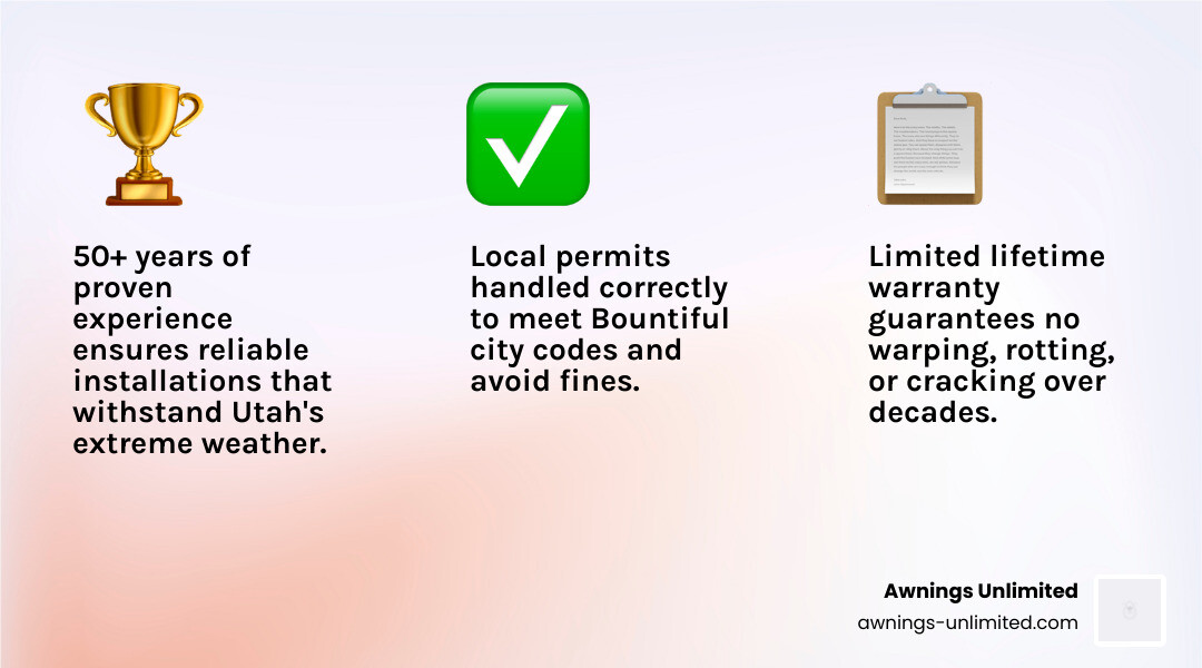 Infographic showing top factors for choosing Bountiful Alumawood patio experts: experience, warranty, permits, material Infographic showing top factors for choosing Bountiful Alumawood patio experts: experience, warranty, permits, material
