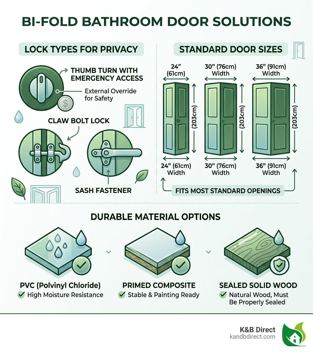 Infographic showing bi-fold door lock types, standard sizes, and material options for bathrooms - bi-fold door for bathroom