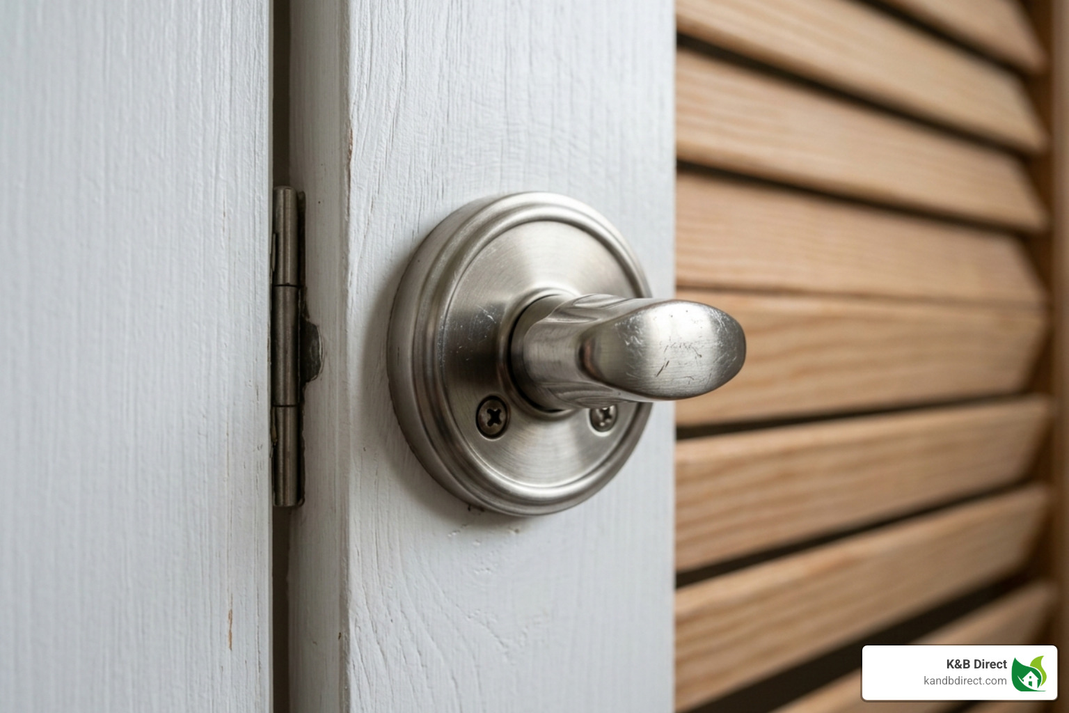 A close-up of a thumb turn lock installed on a bi-fold bathroom door panel - bi-fold door for bathroom with lock