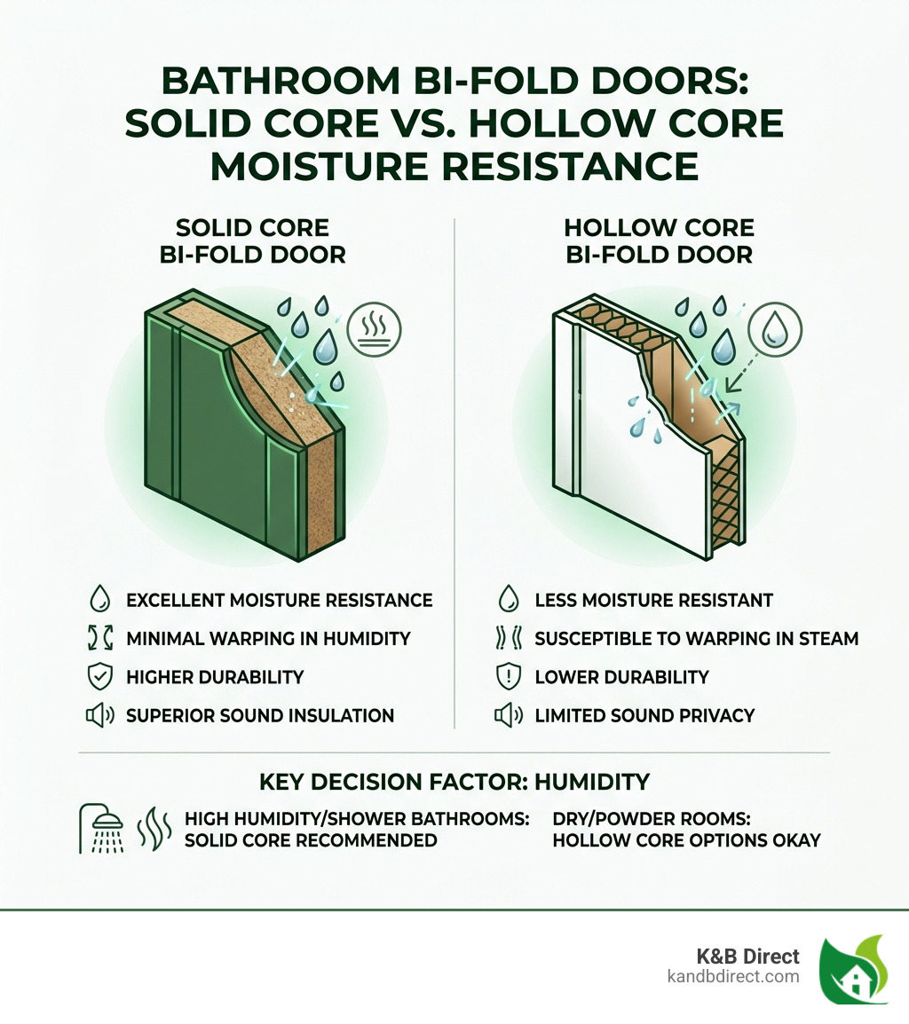 Infographic comparing solid core vs hollow core bi-fold doors for bathroom moisture resistance - bi-fold door for bathroom