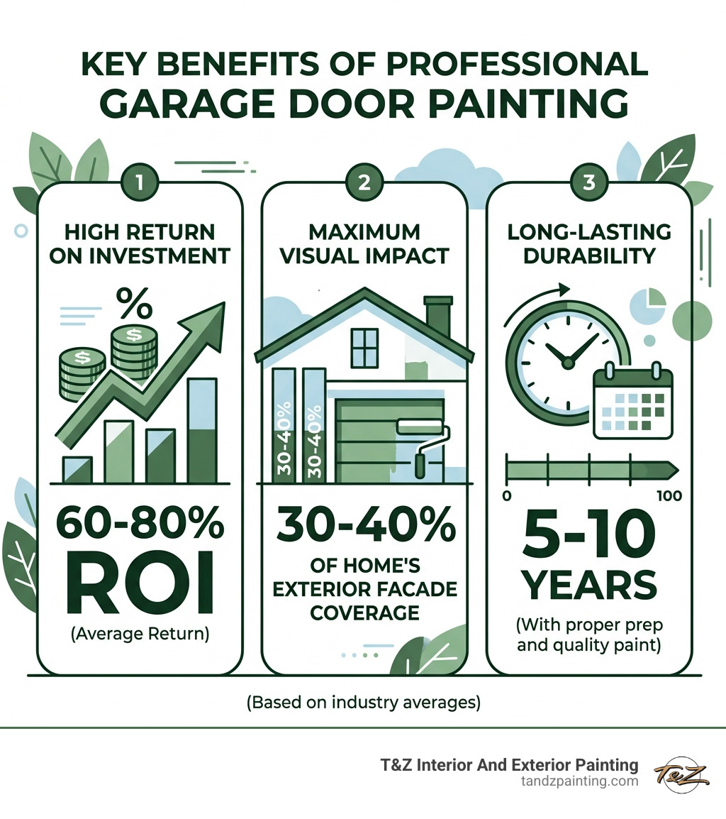 Infographic showing 60-80% ROI of garage door painting, 30-40% facade coverage, and 5-10 year lifespan - garage door Infographic showing 60-80% ROI of garage door painting, 30-40% facade coverage, and 5-10 year lifespan - garage door