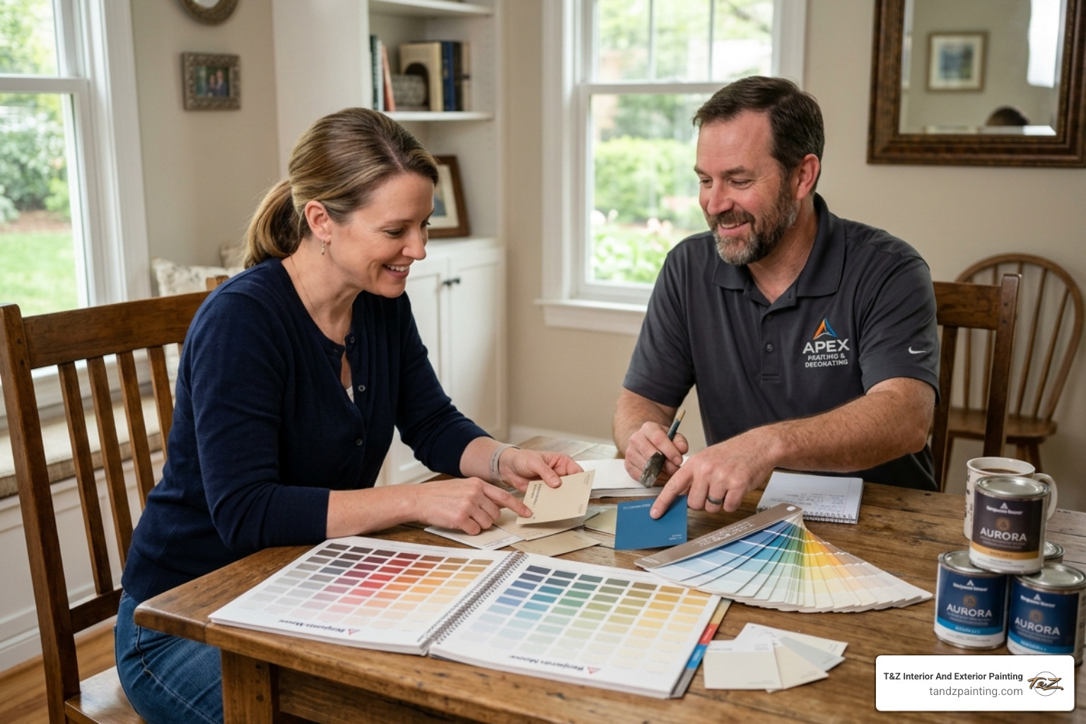 Homeowner reviewing high-end paint swatches during a color consultation - garage door painting company Homeowner reviewing high-end paint swatches during a color consultation - garage door painting company