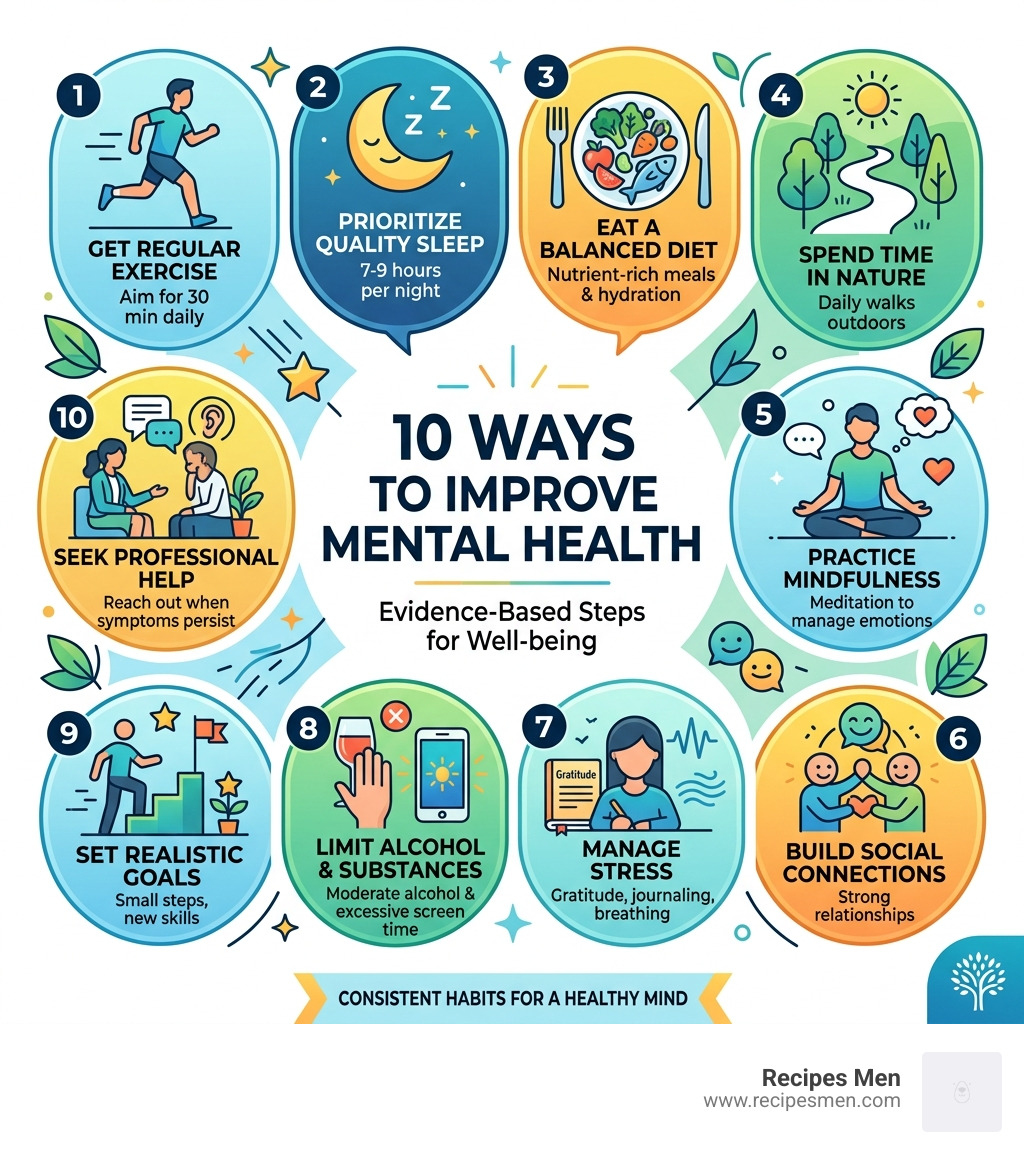 Infographic showing 10 ways to improve mental health with icons for exercise, sleep, diet, nature, mindfulness, social