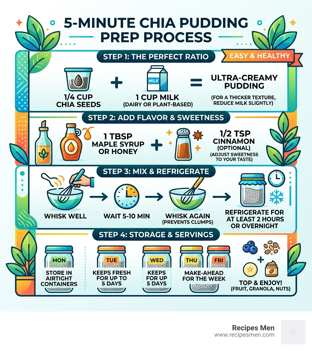 5-minute chia pudding prep process infographic with ratio, steps, and storage tips - simple chia pudding recipe infographic 
