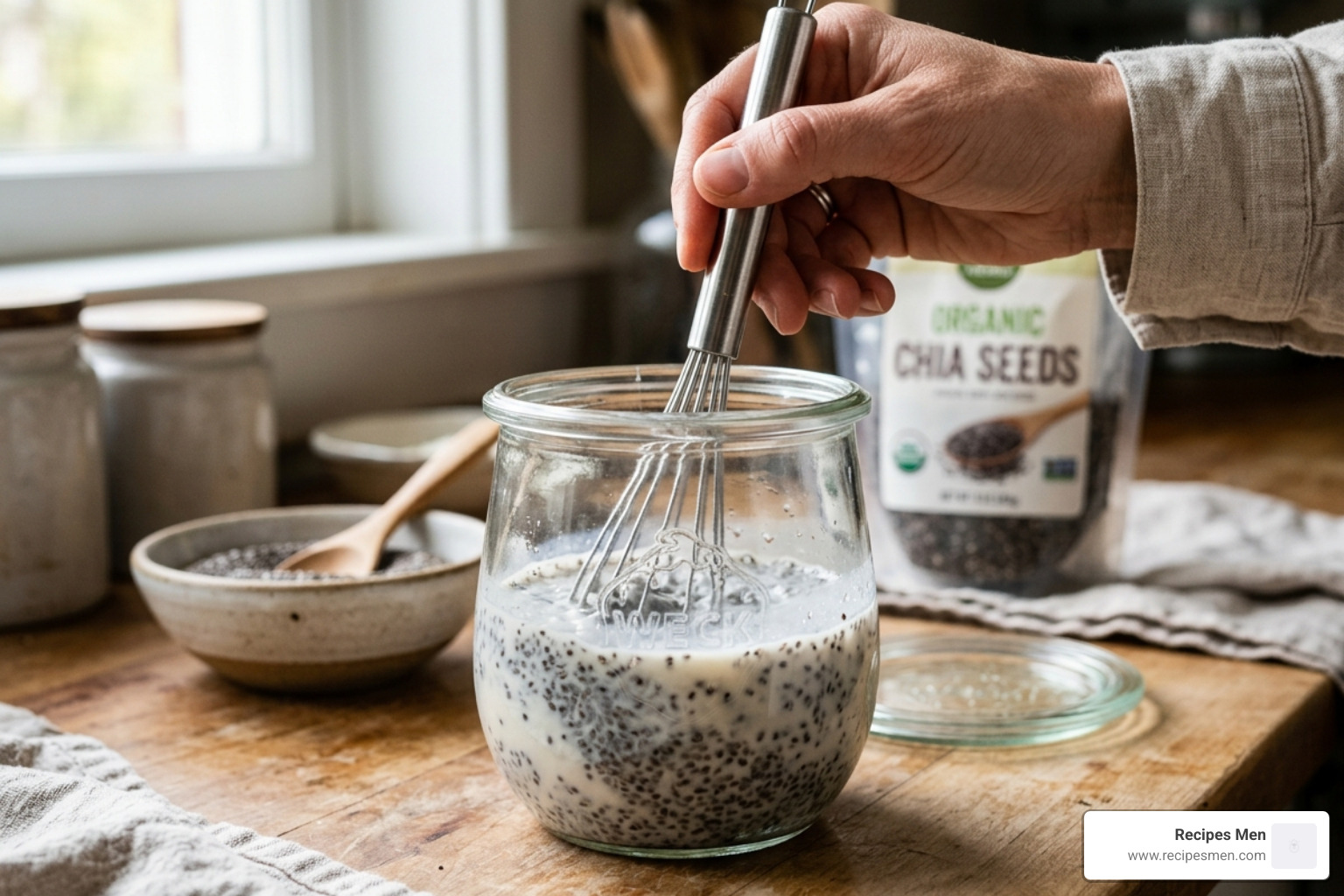 whisking chia seeds in a glass jar - simple chia pudding recipe