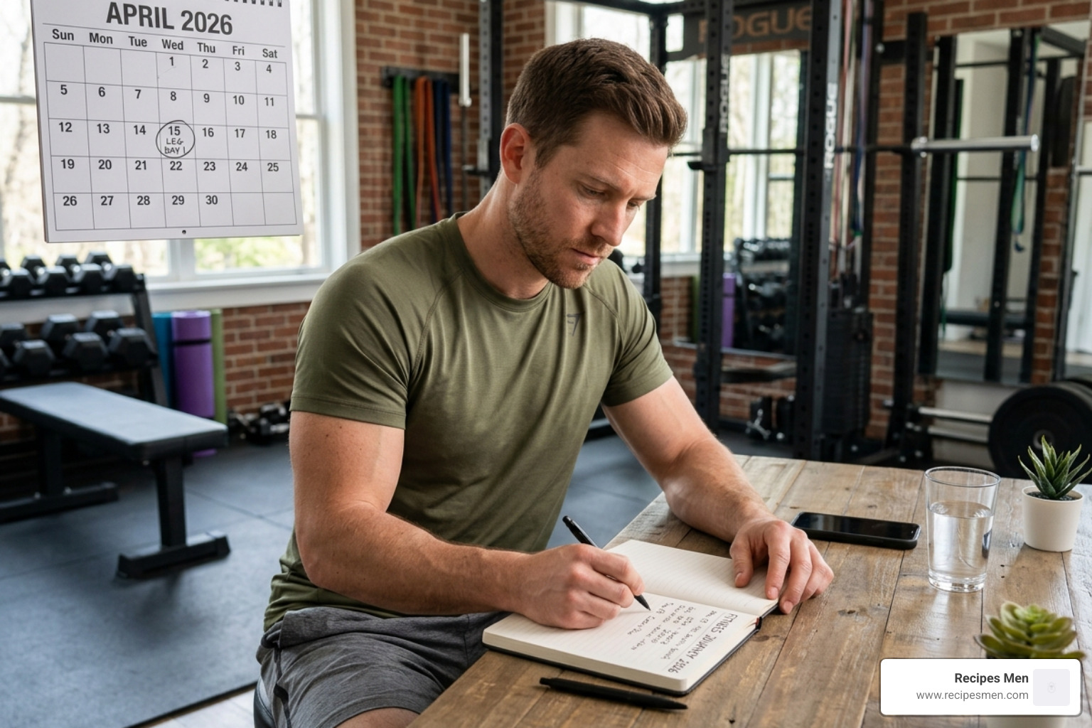 man tracking fitness progress in a journal during April 2026 - 30 day diet and workout plan