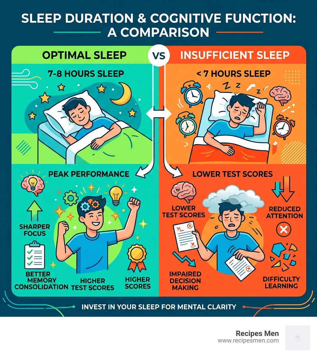 Infographic comparing sleep duration and cognitive function: 7-8 hours leads to peak performance, while less than 7 hours