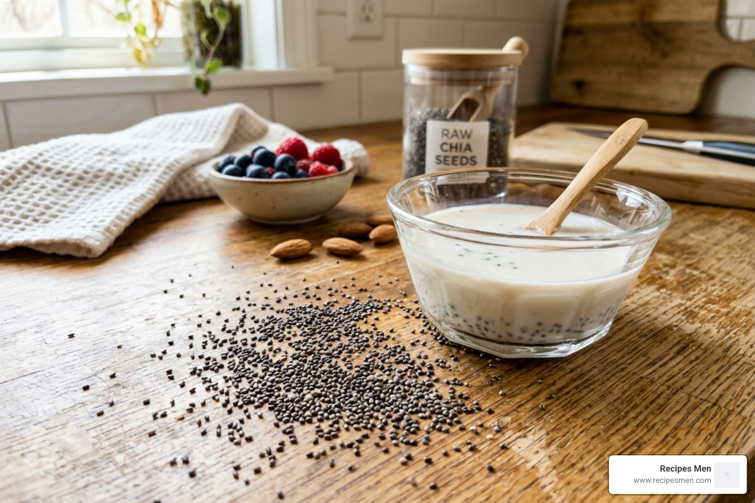 chia seeds and almond milk ingredients for pudding - simple chia pudding recipe