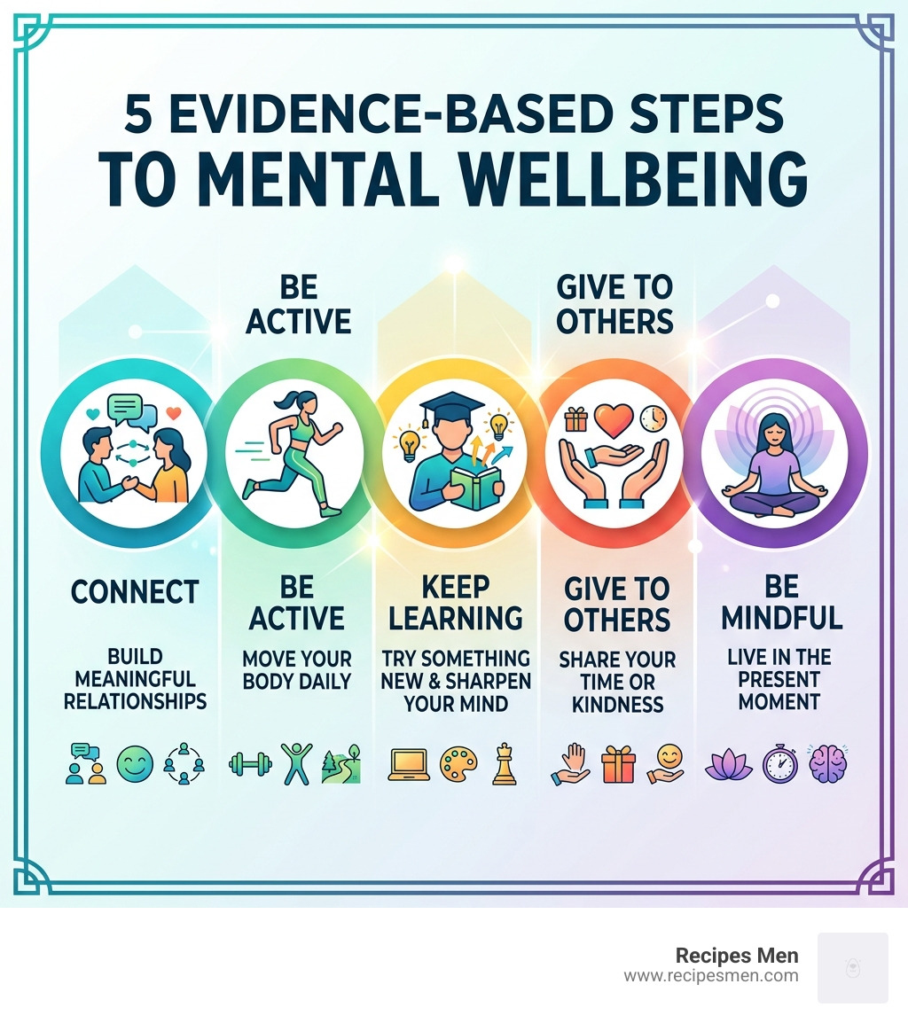 5 evidence-based steps to mental wellbeing: connect, be active, keep learning, give to others, be mindful - ways to keep