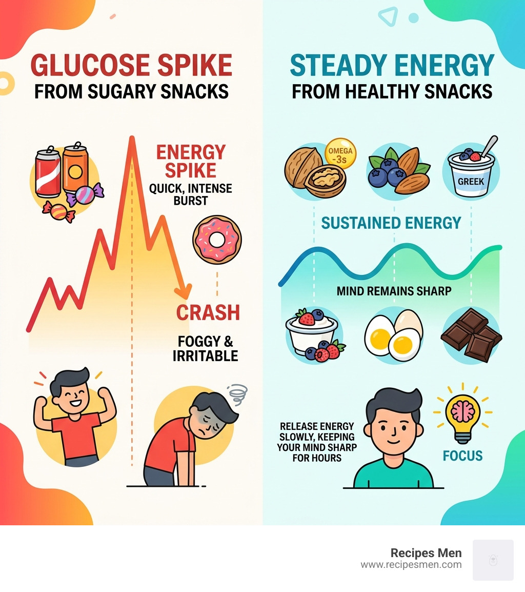 Glucose spike vs steady energy release from healthy snacks infographic - healthy mental focus snacks infographic 